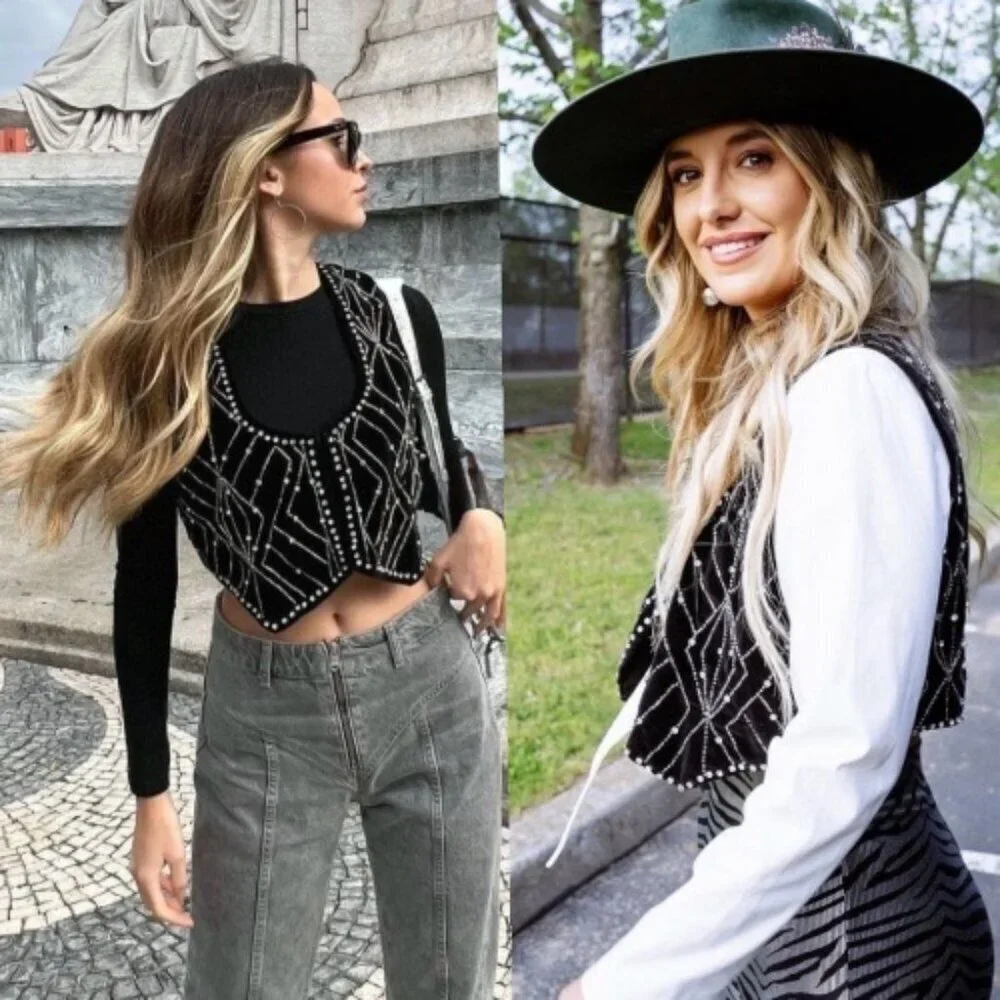 ZARA Black Velvet Waistcoat With Rhinestones Sz XS Vest Whimsigoth Boho Glam - Picture 2 of 16